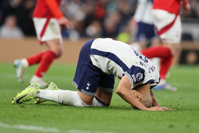 Richarlison of Tottenham Hotspur reacts after his headed effort is saved by Matz Sels of Nottingham Forest during the Premier League match between Tottenham Hotspur FC and Nottingham Forest FC at Tottenham Hotspur Stadium on April 21, 2025 in London, England. (Photo by Catherine Ivill – AMA/Getty Images)