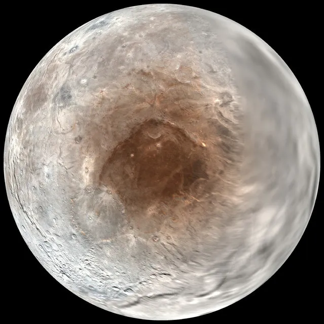 This image provided by NASA/Johns Hopkins University Applied Physics Laboratory/Southwest Research Institute on Wednesday, September 14, 2016 shows Pluto's moon, Charon, in a mosaic of photographs acquired by the New Horizons spacecraft during its approach to the system from July 7-14, 2016. A new study finds that Pluto is “spray-painting” the red poles of its big moon Charon. The coloration is from Pluto's continually escaping atmosphere and a reaction with solar radiation. (Photo by NASA/Johns Hopkins University Applied Physics Laboratory/Southwest Research Institute via AP Photo)
