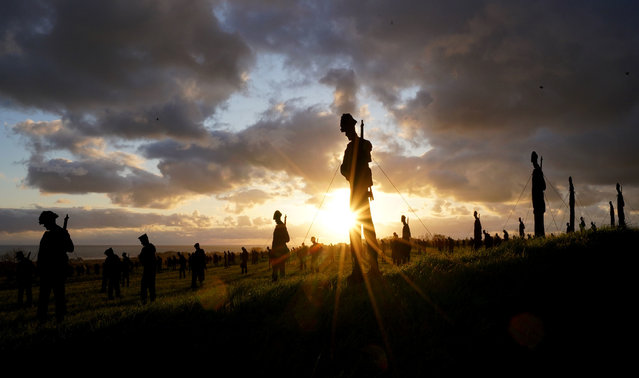 A view of the Standing with Giants silhouettes which create the For Your Tomorrow installation at the British Normandy Memorial, in Ver-Sur-Mer, France on Thursday, April 18, 2024, as part of the 80th anniversary of D-Day. The 1,475 statues honour each of the servicemen who fell on D-Day itself and stand in the shadows of the memorial overlooking Gold Beach, where many of them landed almost 80 years ago. (Photo by Gareth Fuller/PA Images via Getty Images)