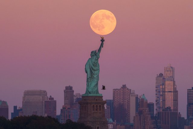 The Harvest Supermoon rises behind the Statue of Liberty and the Brooklyn skyline, Monday, October 6, 2025, in Jersey City, N.J. (Photo by Adam Gray/AP Photo)