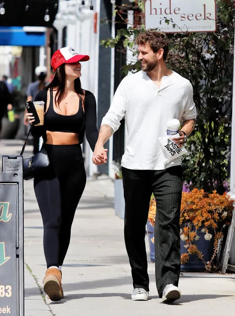 American actor, television personality and model Nick Viall is spotted keeping close to fiance Natalie Joy in Los Angeles on April 6, 2023. The engaged couple were seen holding hands after stopping by a cafe for a coffee run. (Photo by The Image Direct)
