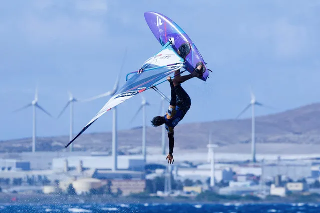 Spain's Marc Pare performs a maneuver during the men's final of the PWA Gran Canaria World Windsurfing Championship at Pozo Izquierdo beach, Spain on July 9, 2023. (Photo by Borja Suarez/Reuters)