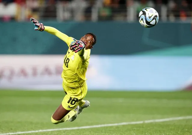 Goalkeeper Eunice Sakala of Zambia makes a save during the FIFA Women's World Cup Australia & New Zealand 2023 Group C match between Spain and Zambia at Eden Park on July 26, 2023 in Auckland, New Zealand. (Photo by David Rowland/Reuters)