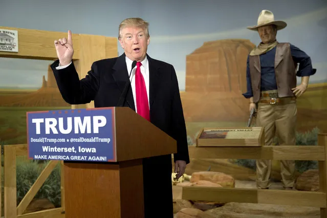 Republican presidential candidate Donald Trump speaks at the John Wayne Birthplace Museum on January 19, 2016 in Winterset, Iowa. Trump received the endorsement of Aissa Wayne, John Wayne's daughter. (Photo by Aaron P. Bernstein/Getty Images)
