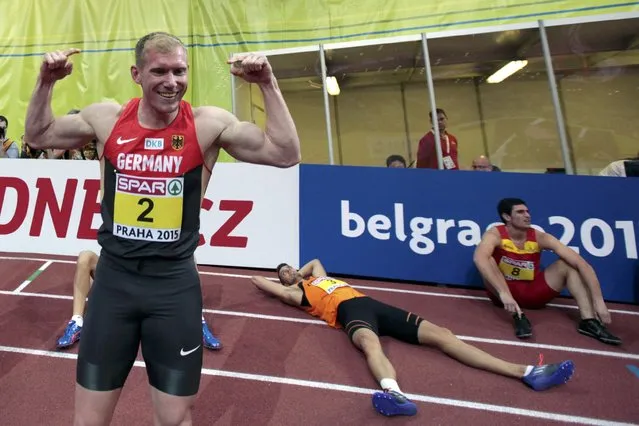 Arthur Abele of Germany celebrates his second place at the men's hepthatlon event during the European Indoor Championships in Prague March 8, 2015. REUTERS/David W Cerny (CZECH REPUBLIC  - Tags: SPORT ATHLETICS)  