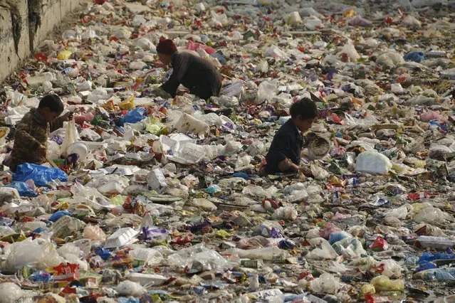 Children look for recyclable plastic in a canal in Peshawar, Pakistan, January 17, 2016. (Photo by Khuram Parvez/Reuters)