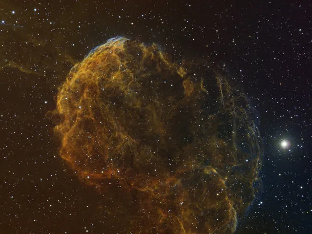 IC443 the Jellyfish Nebula, also known as Sharpless 248  is in the constellation Gemini. It is a supernova remnant that could have occurred 3000 to 30,000 years ago. It’s approximately 5ooo light years from earth. IC443 is about 70 light years across. (Bill Snyder)