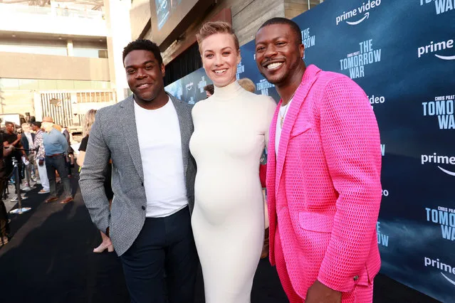 (L-R) Sam Richardson, Yvonne Strahovski, and Edwin Hodge attend the premiere of Amazon's “The Tomorrow War” at Banc of California Stadium on June 30, 2021 in Los Angeles, California. (Photo by Emma McIntyre/Getty Images)