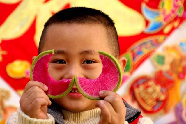A boy shows a piece of bitten turnip in a kindergarten of Zaozhuang city, east China's Shandong Province, February 3, 2016. The “beginning of the spring” falls on February 4 this year. The customs of eating turnips and spring cakes on the day was believed to bring good fortune. (Photo by Sun Yang/Xinhua/SIPA Press)