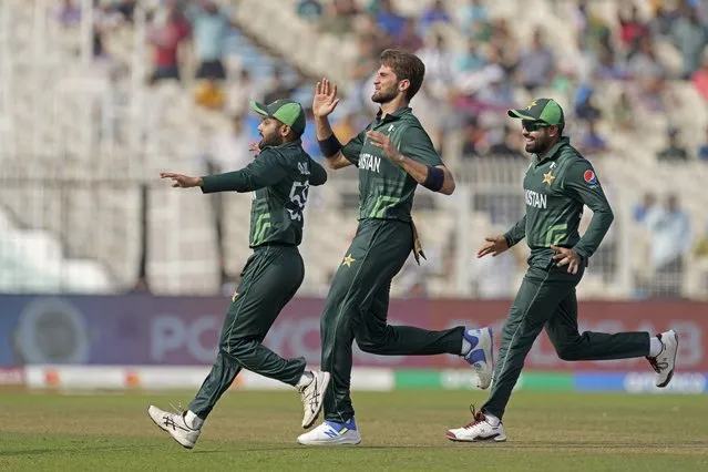 Pakistan's Shaheen Afridi, center, and teammates celebrate the wicket of Bangladesh's Najmul Hossain Shanto during the ICC Men's Cricket World Cup match between Bangladesh and Pakistan in Kolkata, India, Tuesday, October 31, 2023. (Photo by Bikas Das/AP Photo)