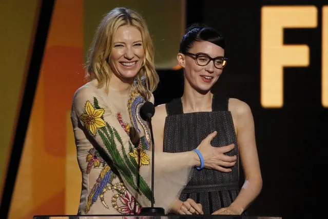 Presenter Cate Blanchett (L) gropes fellow presenter Rooney Mara as they introduce the nominees for Best Feature at the 31st Independent Spirit Awards in Santa Monica, California February 27, 2016. (Photo by Carlo Allegri/Reuters)