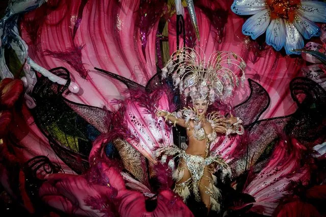 One of the 19 nominees for Queen of the Carnival of Santa Cruz shows off her outfit on the main stage during carnival celebrations in Santa Cruz de Tenerife, on the Spanish Canary island of Tenerife, on February 27, 2019. The dresses can be more than five meters high and weigh over 80 kilos. The over month-long event began on February 1 and finishes on March 10 with orchestras playing Caribbean and Brazilian rhythms throughout the festivities that range from the election of the Carnival Queen, the Junior Queen and the Senior Queen, to children and adult murgas (satirical street bands), comparsas (dance groups) and performances on the streets. (Photo by Desiree Martin/AFP Photo)