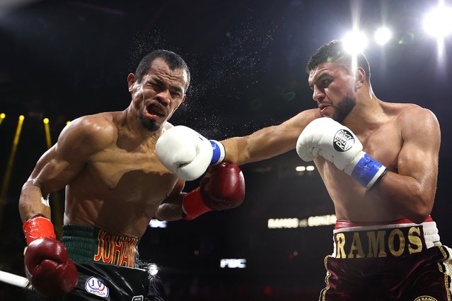 Jesus Ramos lands a hit against Johan Gonzalez in their super welterweight fight at T-Mobile Arena on May 04, 2024 in Las Vegas, Nevada. (Photo by Christian Petersen/Getty Images)