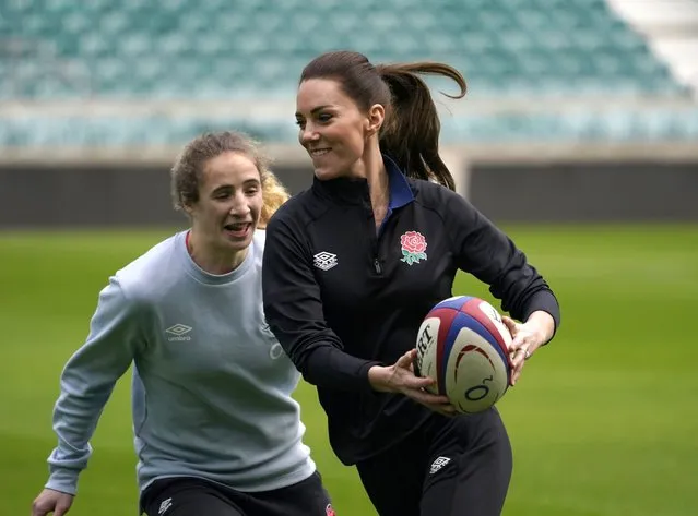 Catherine, Duchess of Cambridge shows off her ball handling skills during a training session with the England Rugby team at Twickenham on February 2, 2022. The Duchess is now the patron of the England Rugby team. (Photo by ROTA/Camera Press)