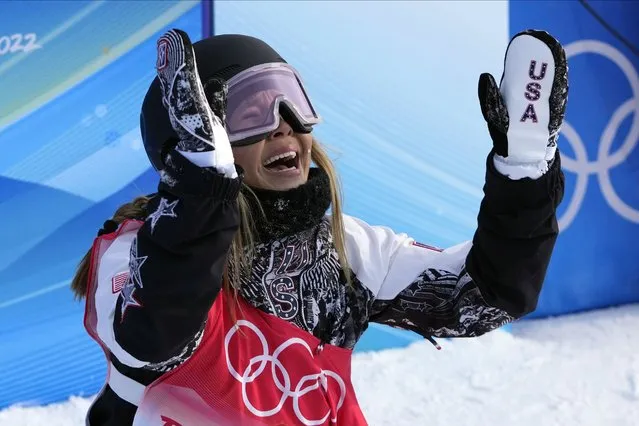 United States' Chloe Kim reacts during the women's halfpipe finals at the 2022 Winter Olympics, Thursday, February 10, 2022, in Zhangjiakou, China. (Photo by Lee Jin-man/AP Photo)