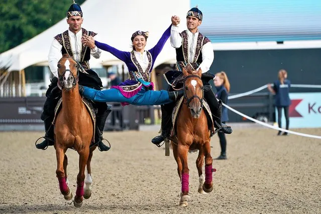 Riders from Azerbaijan perform a display at the Royal Windsor Horse Show, Windsor on Thursday, July 1, 2021. (Photo by Steve Parsons/PA Images via Getty Images)