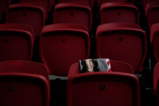 A shirt for Democratic presidential nominee Vice President Kamala Harris hangs on a seat before a campaign rally at the University of Nevada, Las Vegas on Saturday, August 10, 2024. (Photo by Jae Hong/AP Photo)