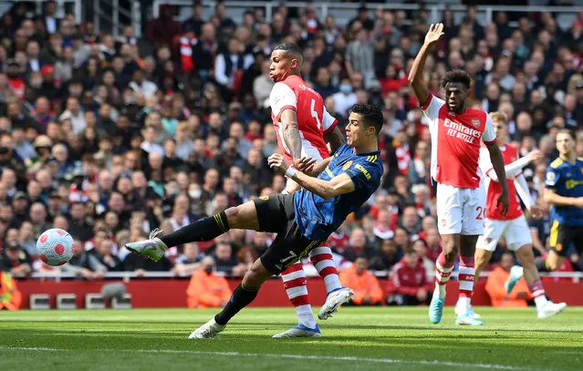 Cristiano Ronaldo of Manchester United scores a goal which was later deemed off side during the Premier League match between Arsenal and Manchester United at Emirates Stadium on April 23, 2022 in London, England. (Photo by Mike Hewitt/Getty Images)