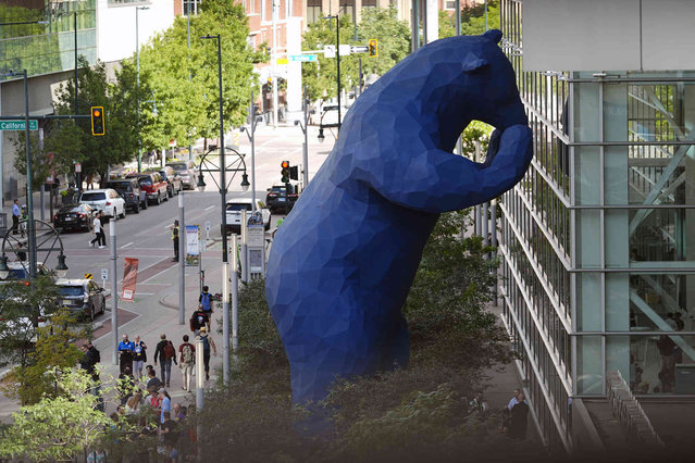 The 40-foot-high sculpture of a big blue bear entitled “I See What You Mean” by artist Lawrence Argent looks in to the Colorado Convention Center as pedestrians pass by on 14th Street, Monday, July 29, 2024, in downtown Denver. (Photo by David Zalubowski/AP Photo)