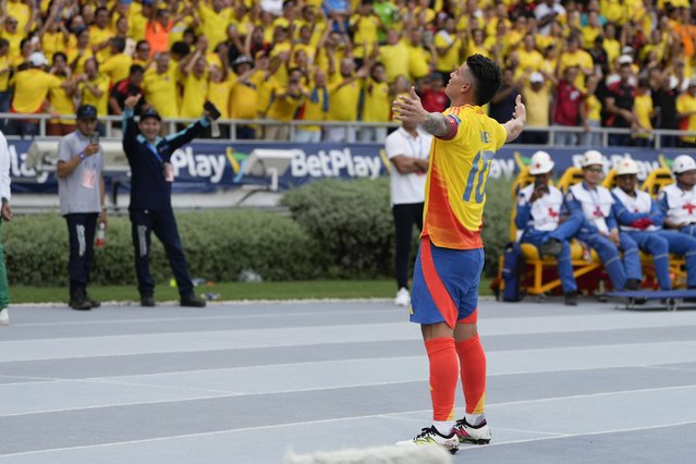 Colombia's James Rodriguez celebrates scoring a penalty, his side's second goal, against Argentina during a qualifying soccer match for the FIFA World Cup 2026 at the Metropolitano Roberto Melendez stadium in Barranquilla, Colombia, Tuesday, September 10, 2024. (Photo by Ricardo Mazalan/AP Photo)