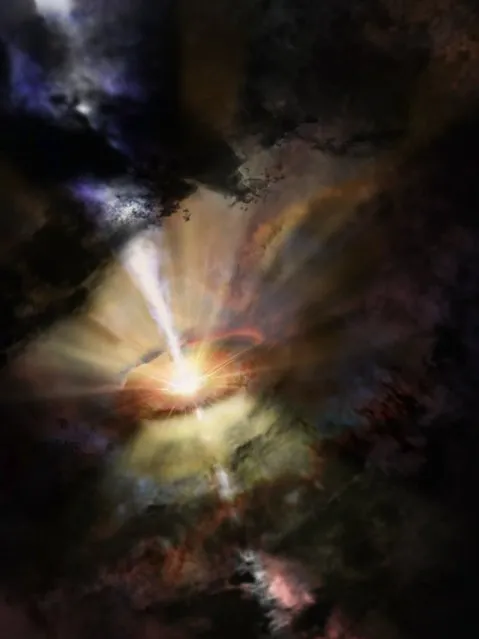 This handout photo realeased by the European Southern Observatory and taken on June 7, 2016 shows deep in the heart of the Abell 2597 Brightest Cluster Galaxy, a small cluster of giant gas clouds raining in on the central black hole. First postulated more than 230 years ago, black holes have been extensively researched, frequently depicted, even featured in films. But here's the thing we're still not sure they even exist. On a quest for proof, scientists have trained a massive telescope in Chile on a point some 24,000 lightyears away, where a supermassive black hole is thought to lurk. (Photo by AFP Photo/European Southern Observatory)