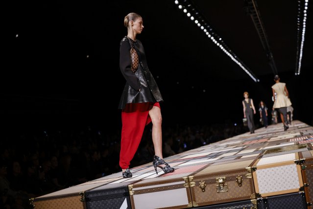 A model wears a creation as part of the Louis Vuitton Spring/Summer 2025 collection presented Tuesday, October 1, 2024, in Paris. (Photo by Vianney Le Caer/Invision/AP Photo)