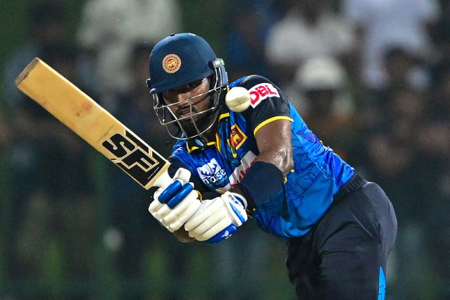 Sri Lanka's Nishan Madushka plays a shot during the first one-day international (ODI) cricket match between Sri Lanka and West Indies at the Pallekele International Cricket Stadium in Kandy on October 20, 2024. (Photo by Ishara S. Kodikara/AFP Photo)