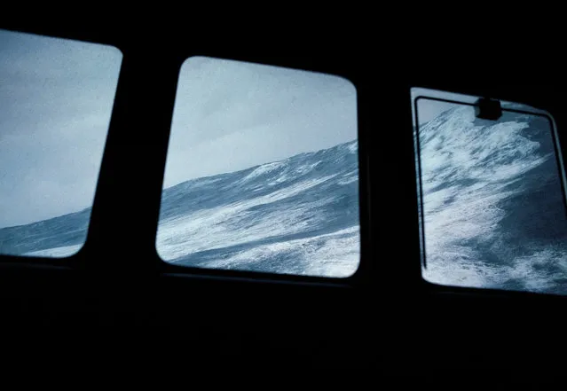The 107-foot long f/v Rollo is equipped to handle tumultuous seas. Average seas in the Bering Sea have around 10- to 20-feet waves, but Arnold has witnessed massive 50-foot waves and the Rollo's captain, Eric Nyhammer, has witnessed 80-foot waves. Arnold rarely saw his captain get nervous, but when he does, the crew knows it's time to worry. (Photo by Corey Arnold)