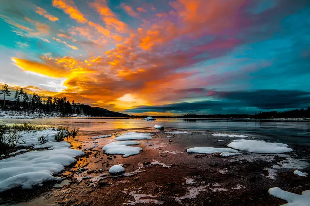 Sunrise over Maridalsvannet in the forest areas near the outskirts of Oslo, the capital of Norway. Winter is approaching, the first snow covers the ground, and the water has already got a thin layer of ice. The temperature is significantly below the freezing point, the air is clear and the sun colors the morning clouds in deep tones. (Photo by Tore-Thiis-Fjeld/Getty Images)