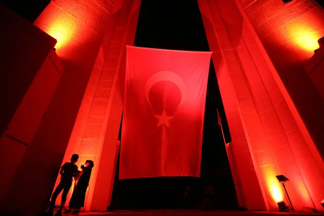 Turkish flag is reflected to 1071 Victory monument within the 949th anniversary of Victory of Malazgirt (1071 Manzikert War) on August 25, 2020 in Mus, Turkey. (Photo by Ozkan Bilgin/Anadolu Agency via Getty Images)