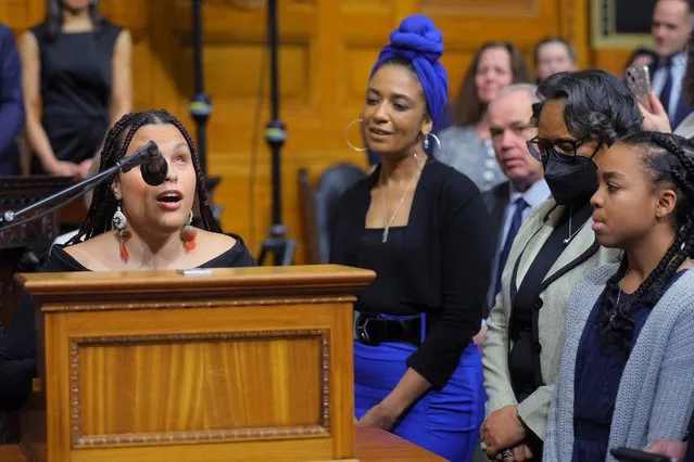 Musician Precious Perez, who has been blind since birth, performs during the Inauguration ceremony for Massachusetts Governor Maura Healey Maura Healey at the Massachusetts State House in Boston, Massachusetts, U.S., January 5, 2023. (Photo by Brian Snyder/Reuters)