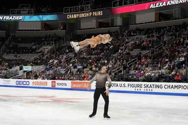 Alexa Knierim, top, and Brandon Frazier perform during the pairs free skate at the U.S. figure skating championships in San Jose, Calif., Saturday, January 28, 2023. (Photo by Tony Avelar/AP Photo)