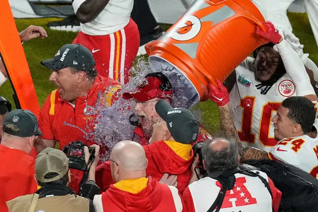 Kansas City Chiefs head coach Andy Reid Is dunked after winning Super Bowl LVII between Philadelphia Eagles and Kansas City Chiefs at State Farm Stadium in Phoenix, USA on February 12, 2023. (Photo by Sean Ryan/IPS/Rex Features/Shutterstock)
