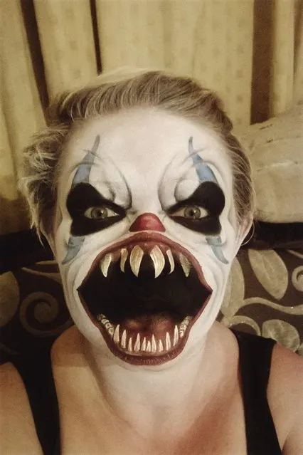 Nikki Shelley  as a scary clown. (Photo by Nikki Shelley/Caters News)