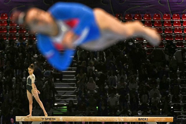 Bulgaria's Viktoria Ventsislavova competes on the Balance Beam during the Seniors Women's All-Around Finals event at the 35th Artistic Gymnastics European Women's Championships, in Rimini, on the Adriatic coast, northeastern Italy, on May 2, 2024. (Photo by Gabriel Bouys/AFP Photo)
