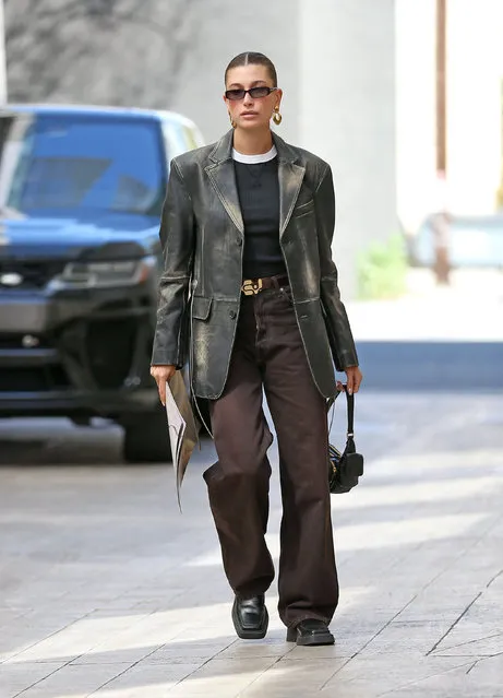 American model, media personality and socialite Hailey Bieber is seen leaving a meeting on April 6, 2023. (Photo by Thecelebrityfinder/The Mega Agency)