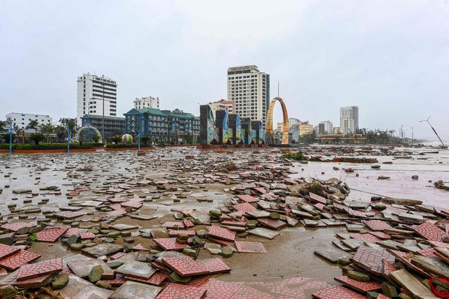 A view of Cua Lo beach damaged after typhoon Bualoi made a landfall in Nghe An province on September 29, 2025. Vietnam said it evacuated almost 30,000 residents from coastal areas on September 28, as Typhoon Bualoi hit the country's steel-producing central belt. (Photo by Thai An/AFP Photo)