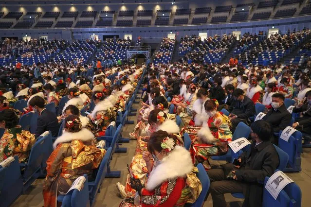 A general view of atmosphere during a Coming of Age ceremony at Yokohama Arena on January 11, 2021 in Yokohama, Japan. Coming of Age Day is a Japanese holiday, held every January to celebrate those who have reached 20, the official age of adulthood in Japan. However, a state of emergency is currently in effect in four prefectures including Tokyo as COVID-19 cases rise. Therefore the ceremonies have been canceled, postponed, down scaled or held remotely in many areas. (Photo by Takashi Aoyama/Getty Images)