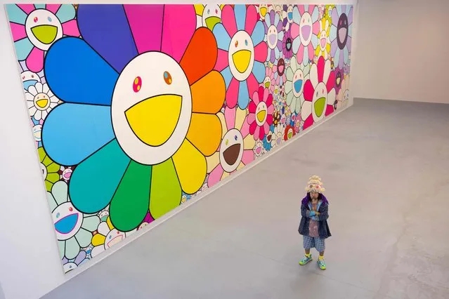 Japanese contemporary artist Takashi Murakami poses during a photo session at the Gagosian art Gallery in Le Bourget, north of Paris on June 8, 2023. (Photo by Joel Saget/AFP Photo)
