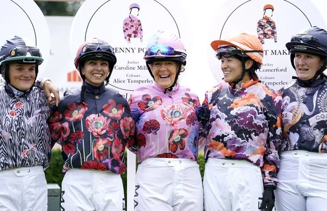 Jockeys Annabelle Hadden-Wight, Khadija Al Bastaki, Caroline Miller, Lyn Comerford, and Elizabeth Prosser (left to right) before The Markel Magnolia Cup during day four of the Qatar Goodwood Festival at Goodwood Racecourse, UK on Friday, August 4, 2023. (Photo by Andrew Matthews/PA Images via Getty Images)