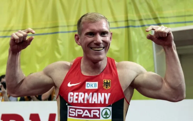 Arthur Abele of Germany celebrates his second place at the men's hepthatlon event during the European Indoor Championships in Prague March 8, 2015. REUTERS/David W Cerny (CZECH REPUBLIC  - Tags: SPORT ATHLETICS)  