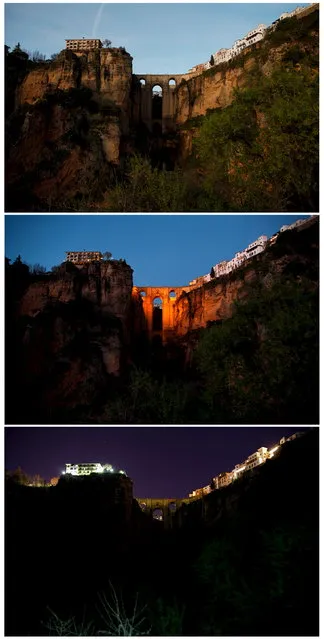 A combination picture shows the “Puente Nuevo” (New Bridge) in the day, illuminated by artistic lights, both before the Earth Hour, and during the Earth Hour in Ronda, southern Spain, March 28, 2015. The Puente Nuevo is 120 metres (390 feet) high and the gorge of the river divides the city of Ronda. (Photo by Jon Nazca/Reuters)