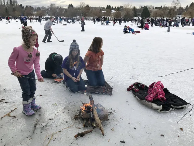 Jubilee Martens, 7, roasts marshmallows over a campfire as others skate on the frozen Trout Lake during a spell of cold weather in Vancouver, British Columbia, Canada January 7, 2017. (Photo by Chris Helgren/Reuters)