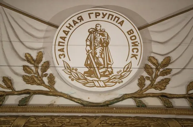 A seal in Russian reads: “Western Group of the Armed Forces” above the stage in the theater and cinema in the officers' building at the former Soviet military base on January 26, 2017 in Wuensdorf, Germany. (Photo by Sean Gallup/Getty Images)