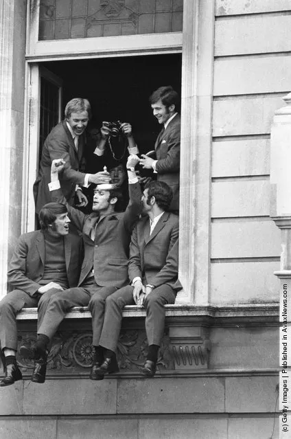 1970: Chelsea FC football players (clockwise from top left), Alan Birchenall, John Hollins, Peter Osgood, John Dempsey and Ian Hutchinson, celebrating their FA Cup victory over Leeds