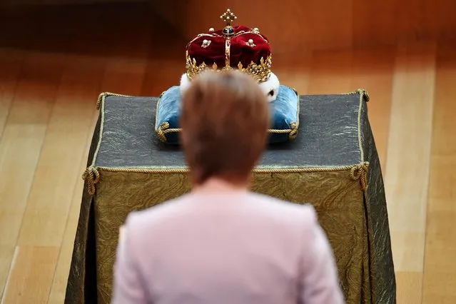 Nicola Sturgeon the Scottish First Minister looks on as the Scots Crown is delivered to parliament as Queen Elizabeth II, accompanied by Prince Charles, who is known as the Duke of Rothesay when in Scotland, attends a ceremony to mark the 20th Anniversary of the Scottish Parliament on June 29, 2019 in Edinburgh, Scotland. The ceremony took place almost two decades to the day since the Scottish Parliament officially assumed its legal powers. (Photo by Jeff J. Mitchell/Getty Images)