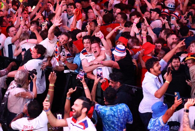 England fans in London celebrate after their Euro match against Netherlands on July 10, 2024. (Photo by David Klein/Reuters)