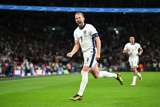 Harry Kane of England celebrates scoring his team's first goal during the UEFA Nations League 2024/25 League B Group B2 match between England and Finland at Wembley Stadium on September 10, 2024 in London, England. (Photo by Justin Setterfield – The FA/The FA via Getty Images)