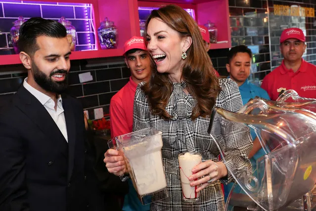 Duchess of Cambridge helps make Kulfi milkshakes at MyLahore on January 15, 2020 in Bradford, United Kingdom. MyLahore is a British Asian restaurant chain which has taken inspiration from Lahore, the Food Capital of Pakistan. The Duke and Duchess visited Lahore during their recent tour to Pakistan. (Photo by Chris Jackson/Getty Images)