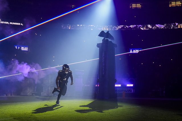 Baltimore Ravens wide receiver Zay Flowers takes the field prior to an NFL football game against the Buffalo Bills, Sunday, September 29, 2024, in Baltimore. (Photo by Stephanie Scarbrough/AP Photo)